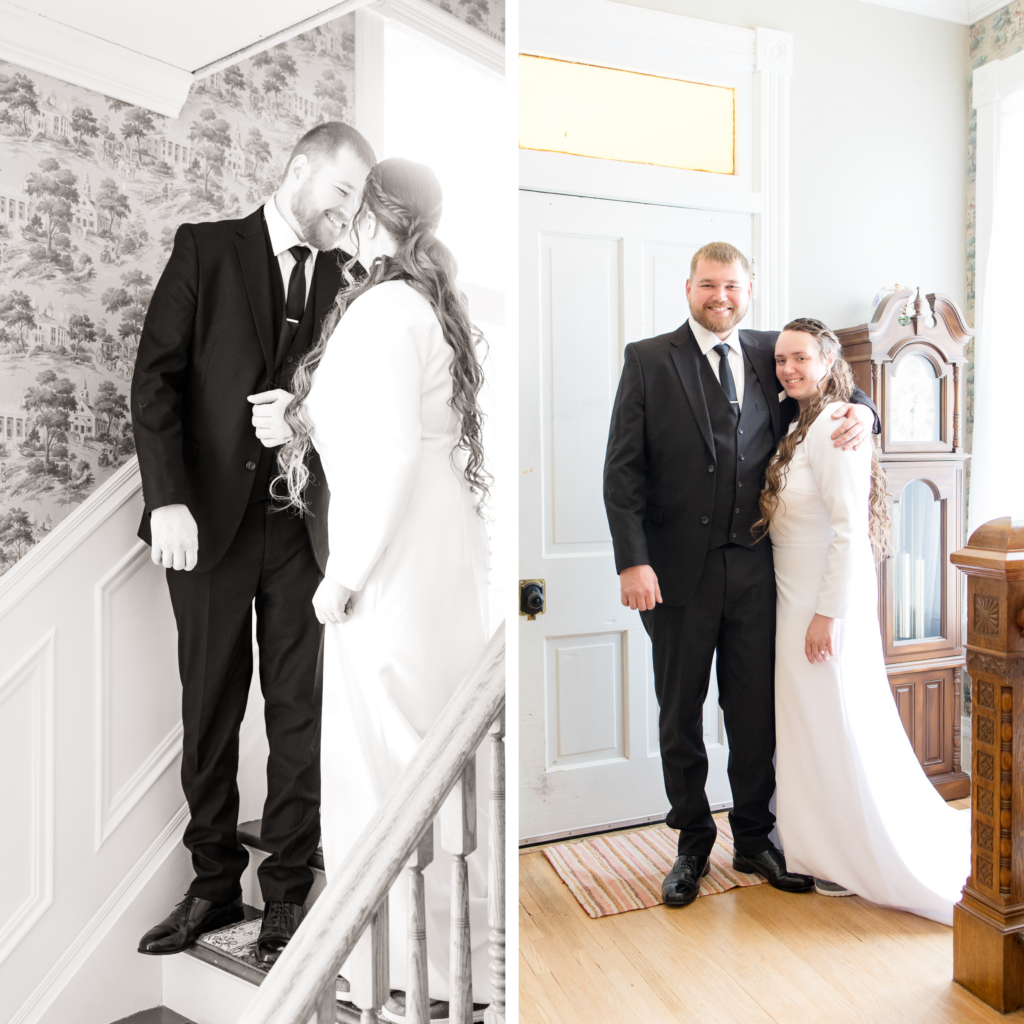 Winter Wedding Couple coming down the stairs