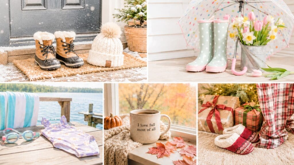 seasonal detail image: summer lake towel, spring flowers, fall leaves, Christmas morning detail, or winter boots by the door.